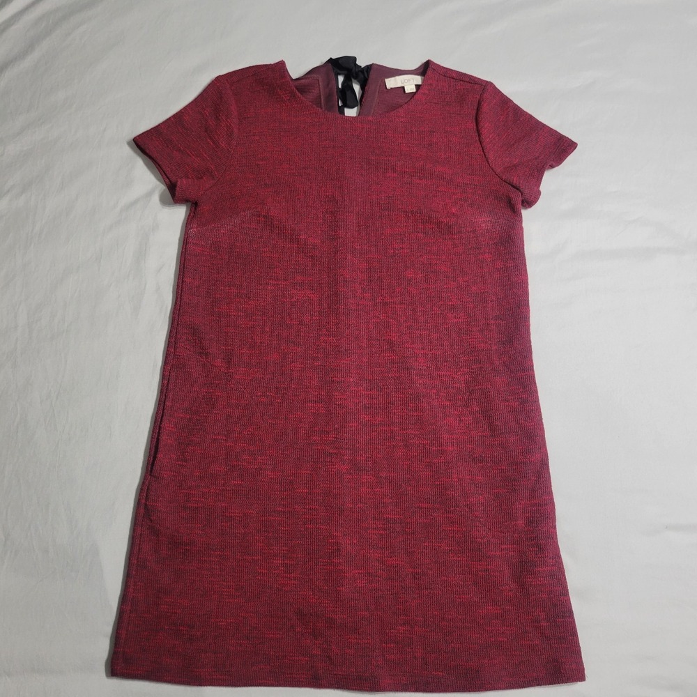 Loft Knit Dress Size 8 Burgundy Pockets Short Sleeve Back Tie & Zip Size 6